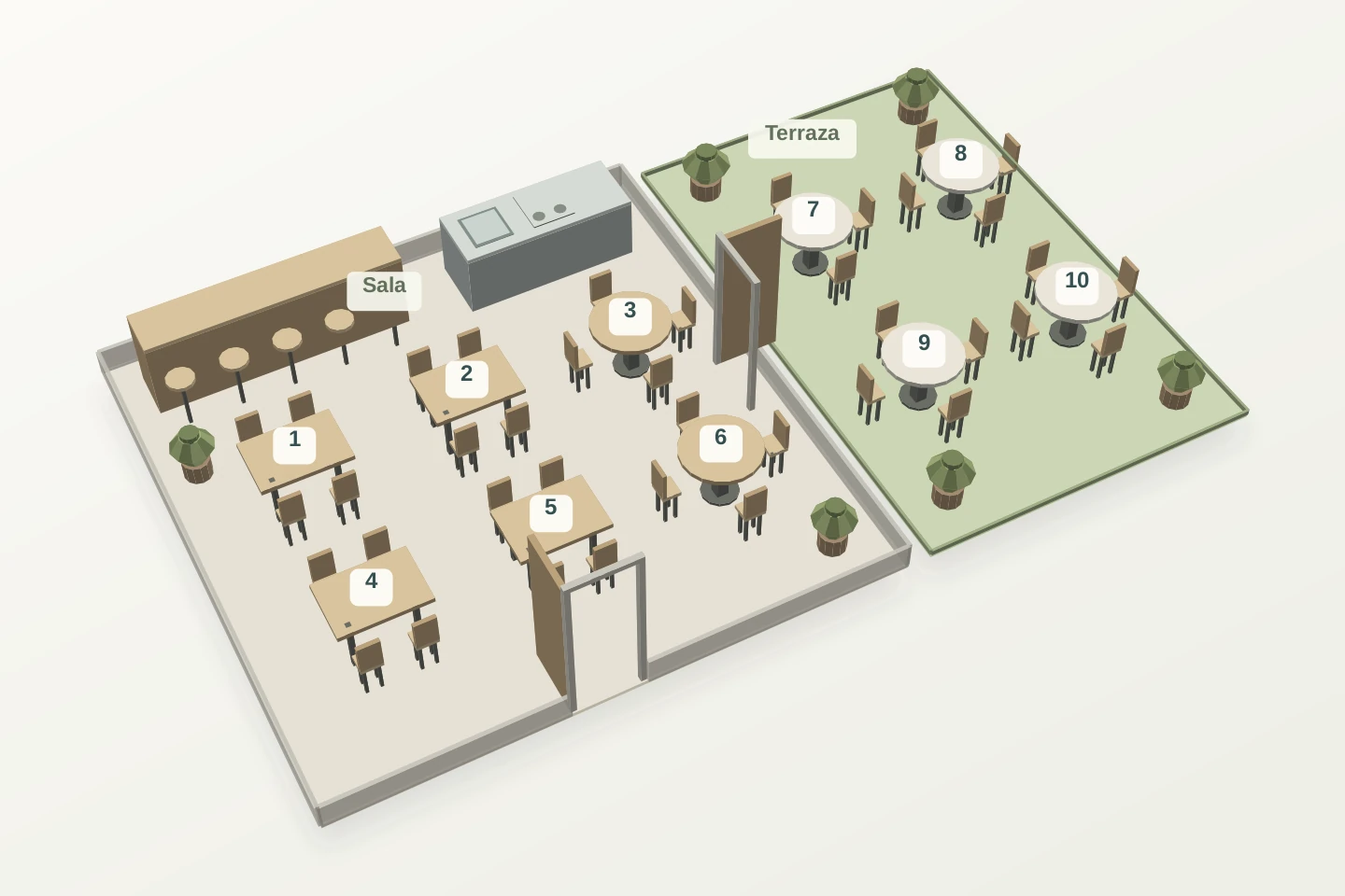 Vista 3D del mismo plano de StockRest: perspectiva del local con mesas, sillas, barra y plantas.
